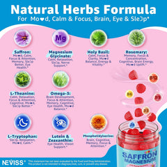 NEVISS saffron gummies label communicates key calm mood and focus ingredients