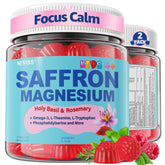 NEVISS saffron magnesium gummies bottle front for calm focus in kids.