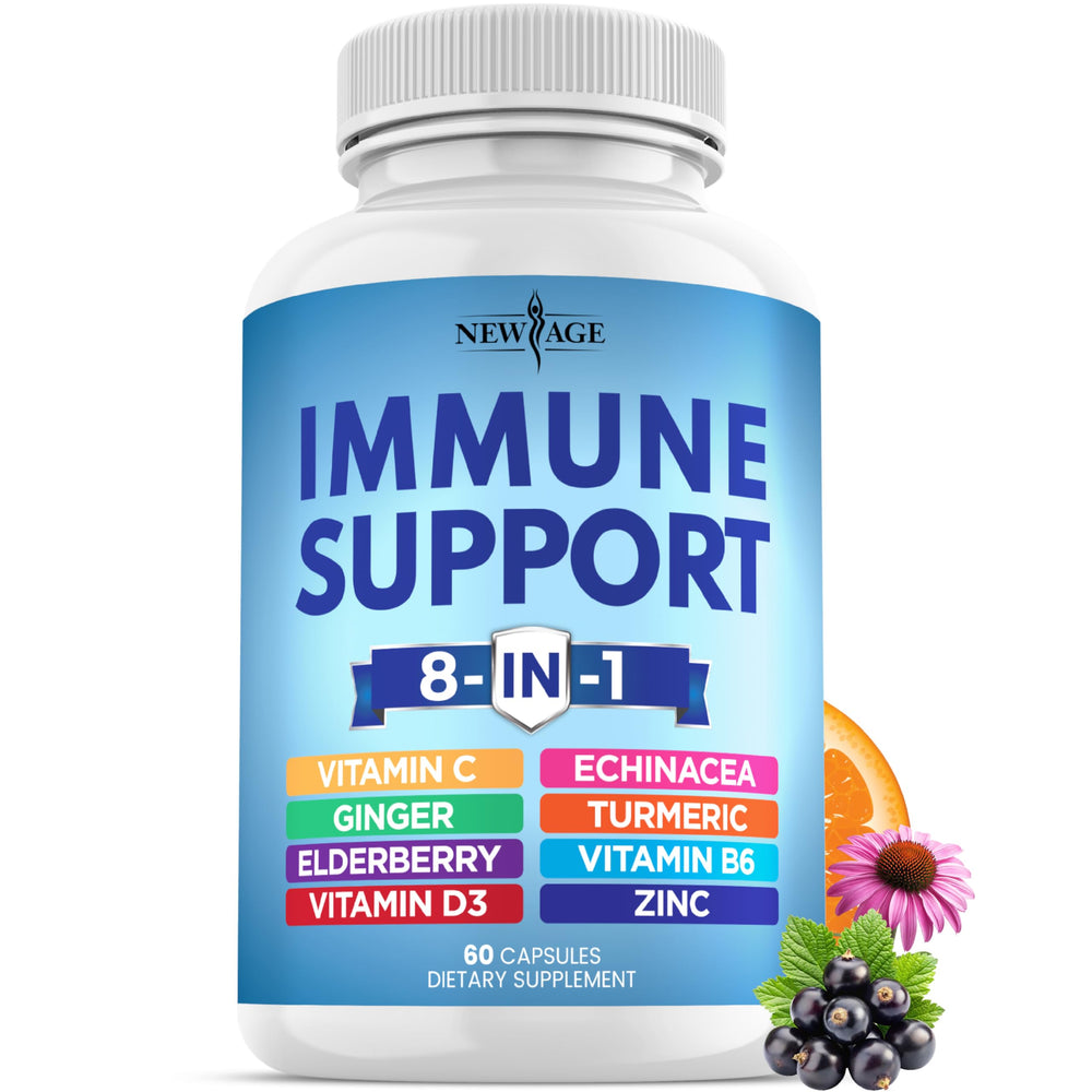 NEW AGE 8-in-1 Immune Support bottle front shows the complete daily formula.