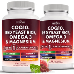 New Age CoQ10 bottle front view highlighting an all-in-one formula for daily wellness