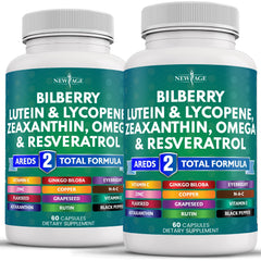 NEW AGE Eye Health Vitamin bottle highlighting bilberry and lutein for eye wellness