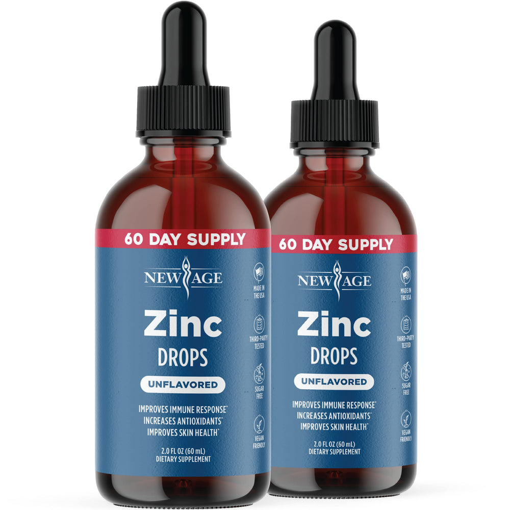 NEW AGE Liquid Zinc Drops bottle front with clean label for daily immune support.