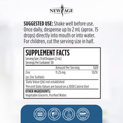 NEW AGE Liquid Zinc Drops ingredients label highlights zinc sulfate for transparency.