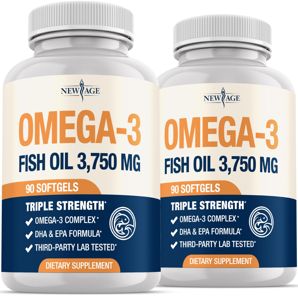 NEW AGE Triple Strength Omega-3 bottle with 180 burpless softgels for daily use.