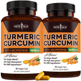 NEW AGE Turmeric Curcumin Capsules bottle front highlights standardized curcuminoids for consistent potency