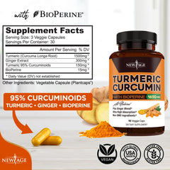 NEW AGE Turmeric Curcumin Capsules label closeup shows non-GMO and gluten-free formula