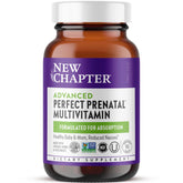 New Chapter Advanced Perfect Prenatal bottle closeup emphasizing easy-to-swallow tablets for busy mornings