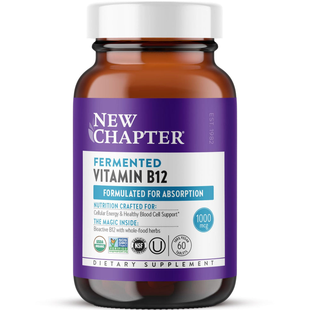 New Chapter Fermented Vitamin B12 bottle front shows vegan energy support