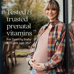 Close-up of New Chapter Prenatal 35+ bottle label highlighting nutrient-rich formula