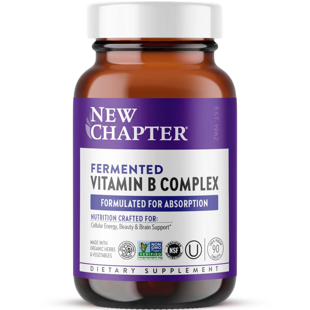 New Chapter Vitamin B Complex fermented bottle showing capsules for easy absorption and daily energy