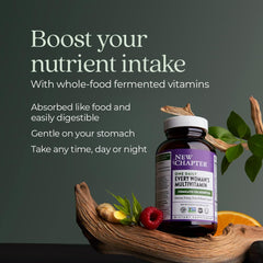 New Chapter label shows fermented nutrients and 20+ vitamins.