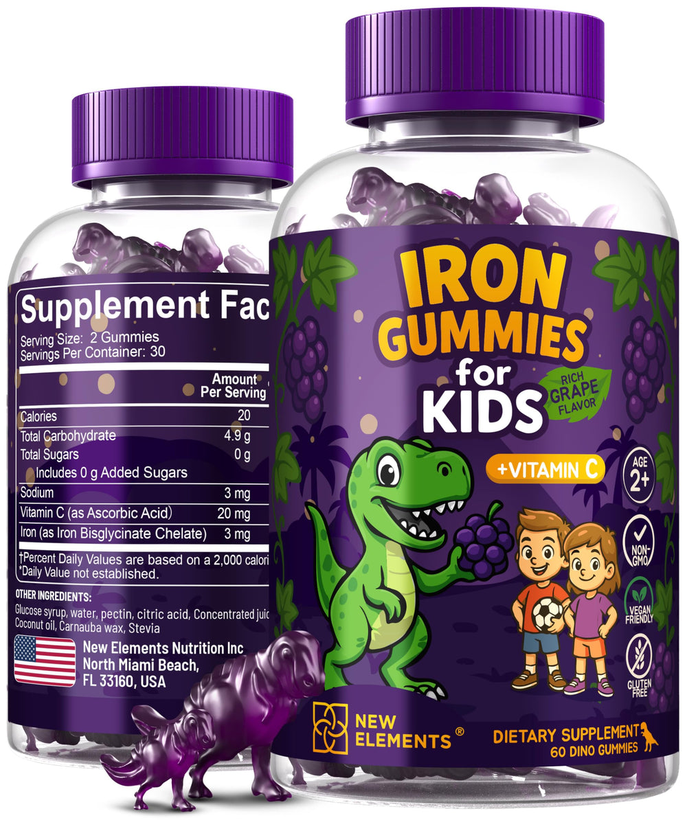 New Elements Iron Dinosaur Gummies jar front showcasing kid-friendly packaging and grape flavor appeal.