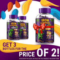 New Elements Iron Dinosaur Gummies kid chew texture close-up highlighting soft, grape-flavored bites.