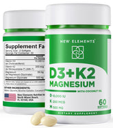 New Elements Vitamin D3 K2 softgel bottle label highlighting bone health.