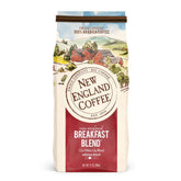 New England Coffee Breakfast Blend bag shows premium Arabica beans for a balanced morning cup.