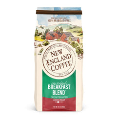 New England Coffee Breakfast Blend Decaf bag on counter for everyday use.