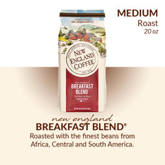New England Coffee Breakfast Blend ground coffee in brewing setup, ready for a smooth cup.