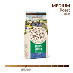 New England Coffee French Vanilla Decaf ground coffee in scoop ready for a smooth morning brew