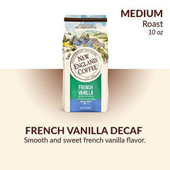 New England Coffee French Vanilla Decaf label close-up highlighting vanilla notes for flavor-focused tasting