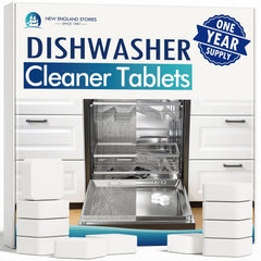 New England Stories dishwasher cleaner tablets 24-pack on shelf, dissolving limescale for spotless dishes.