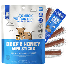 New Primal Beef and Honey Stick kids pack, 15 mini sticks for school lunch.