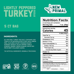 New Primal Lightly Peppered Turkey Sticks 1oz stick close-up, high-protein bite.