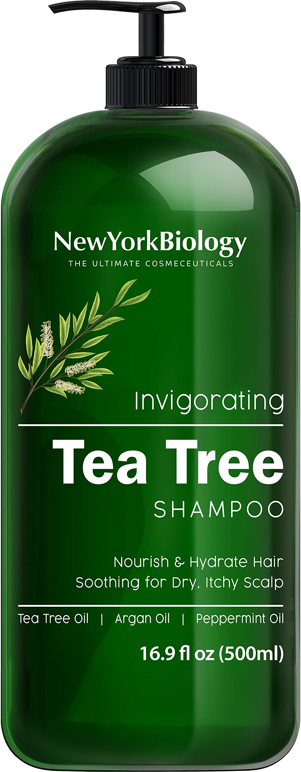 New York Biology Tea Tree Shampoo bottle pour shows a refreshing scalp cleanse.