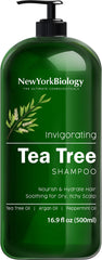 New York Biology Tea Tree Shampoo bottle pour shows a refreshing scalp cleanse.