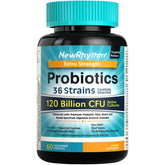 NewRhythm Probiotics bottle front shows 120B CFU strength for daily support.