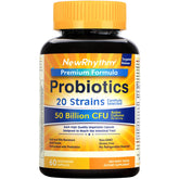 NewRhythm Probiotics 50 Billion bottle shows capsules; may support gut balance