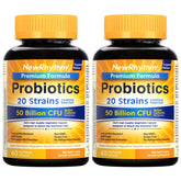 NewRhythm Probiotics bottle with 50B CFU capsules for daily gut support.