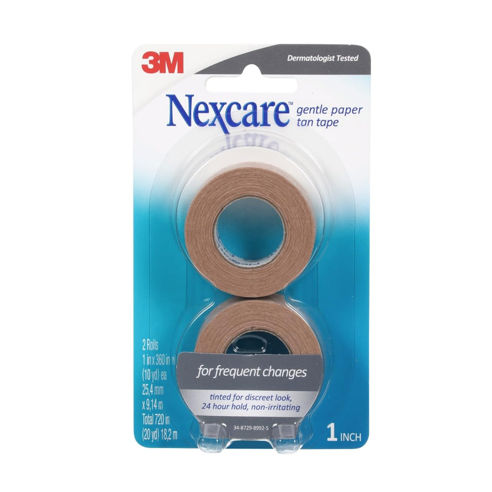 Nexcare Gentle Paper Tan Tape roll 1in x 10yds provides discreet skin-tone coverage.