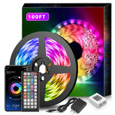 Nexillumi 100ft LED strip lights in a bedroom creating ambient color control.