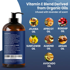 Nexon Botanics Vitamin E oil label highlighting organic oils and lavender scent.