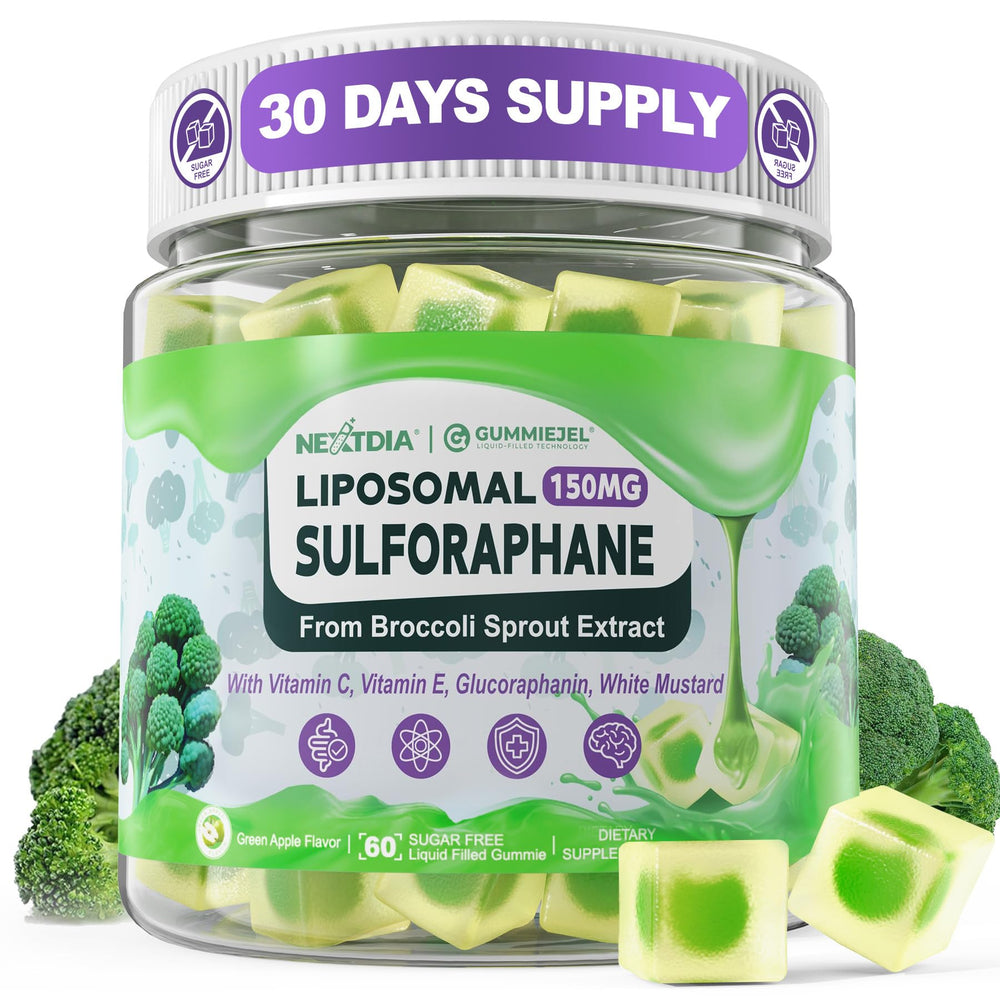 Nextdia 150mg liposomal sulforaphane gummies bottle for daily antioxidant support.