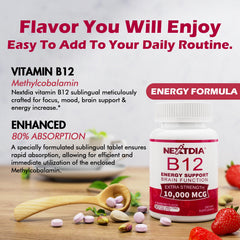 Nextdia B12 10,000 mcg per tablet potency label on bottle.