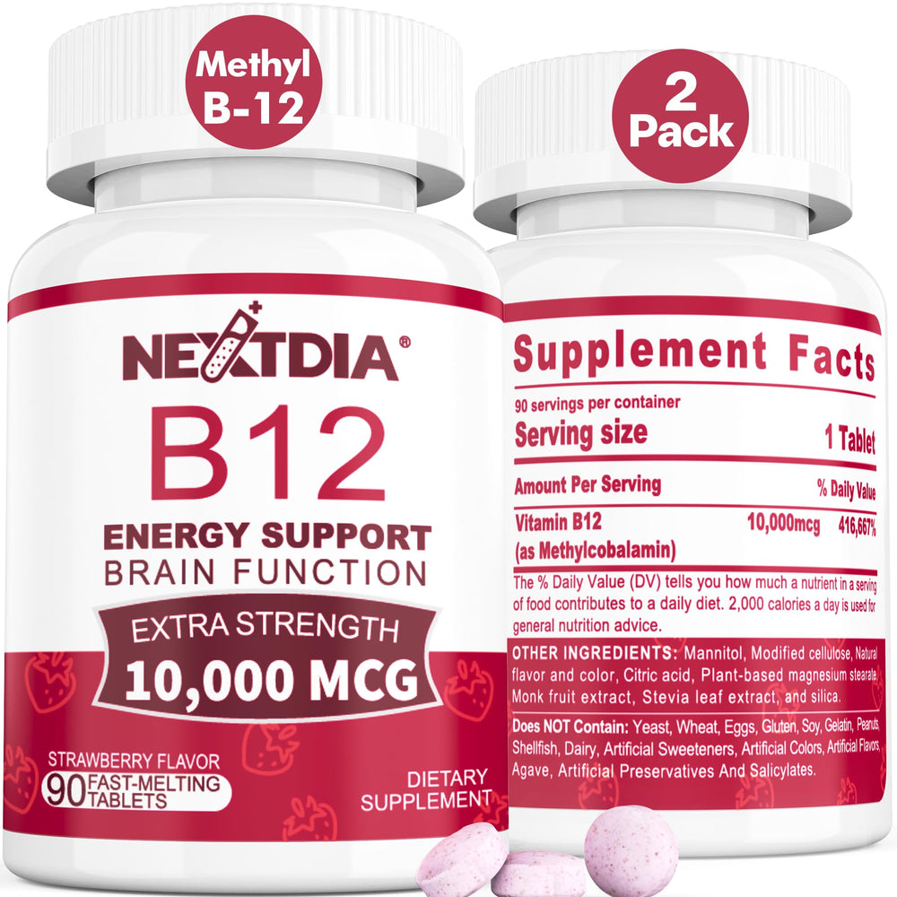 Nextdia B12 bottle and tablets for daily energy support.