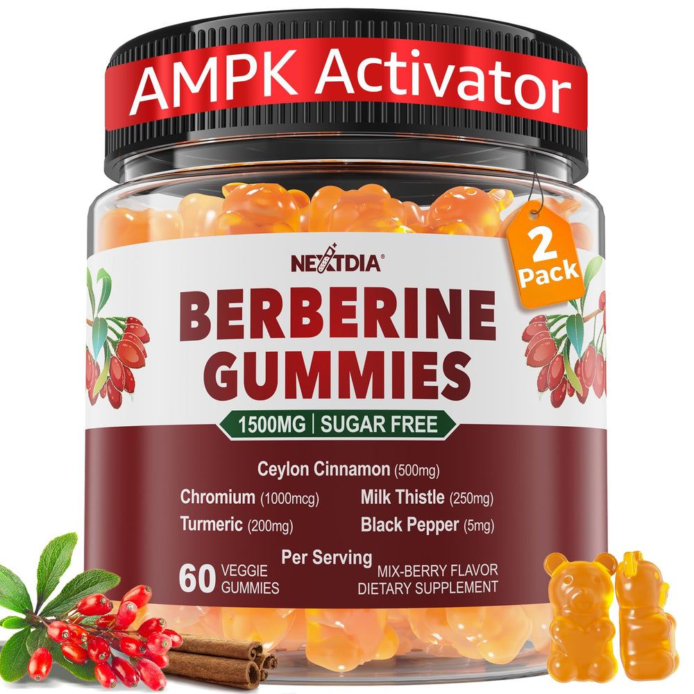 Nextdia Berberine Gummies bottle highlighting 1500 mg formula for daily metabolic support