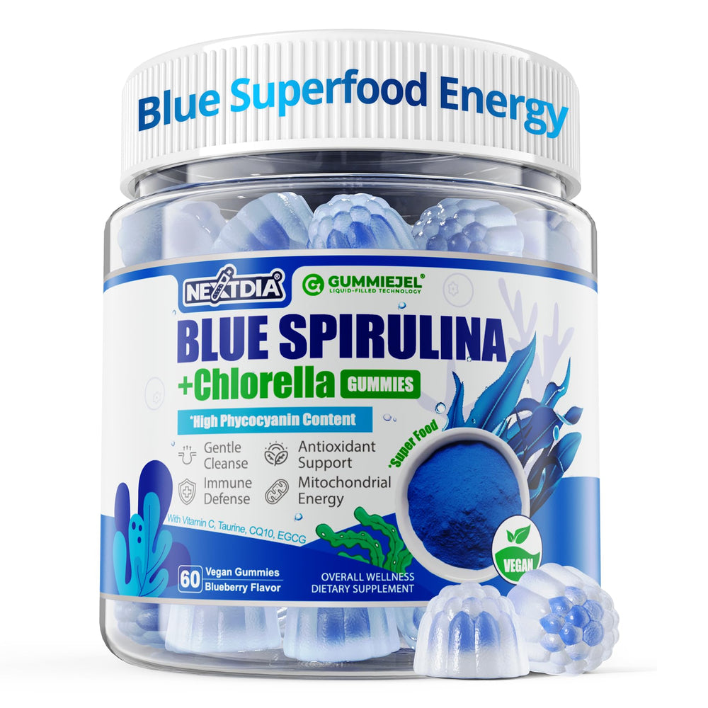 Nextdia Blue Spirulina Gummies bottle showing a tasty, sugar-free wellness treat.