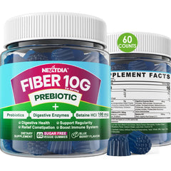 Nextdia Fiber Gummies bottle closeup showing convenient daily sugar-free prebiotic fiber support.
