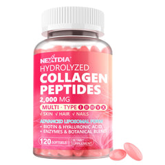 Nextdia hydrolyzed collagen pills bottle promotes skin and joint support.