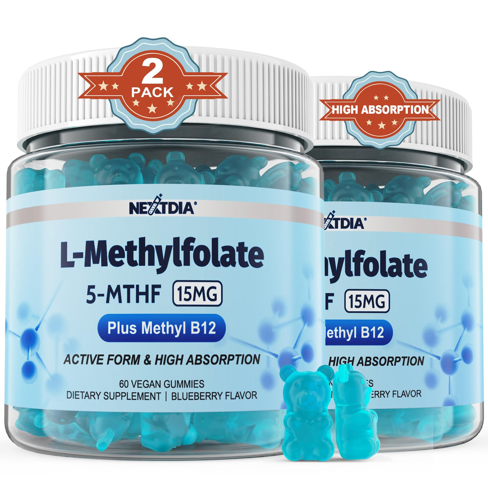 Nextdia L-MethylFolate bottle front with blueberries suggesting daily focus support