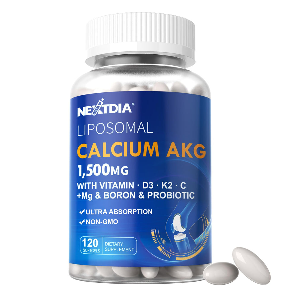 Nextdia liposomal calcium akg softgel bottle highlighting bone support potential.