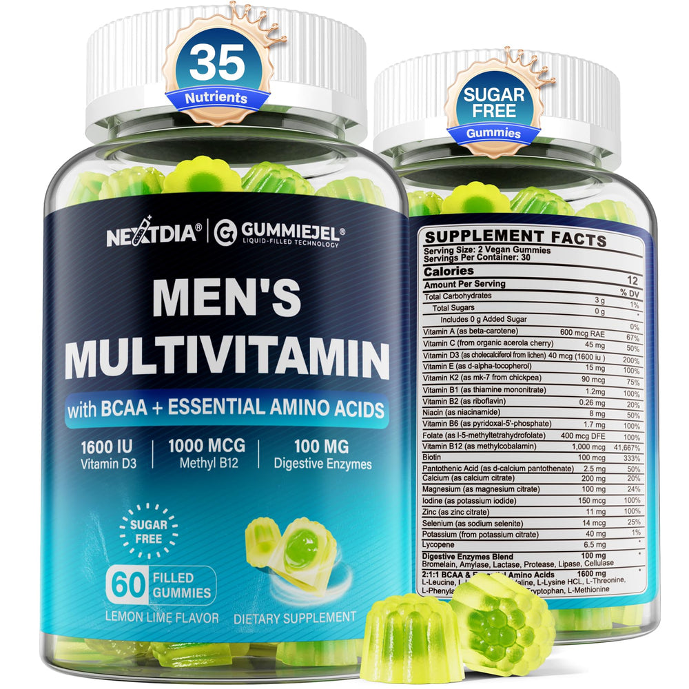 Nextdia methylated multivitamin for men gummies bottle promotes daily energy.