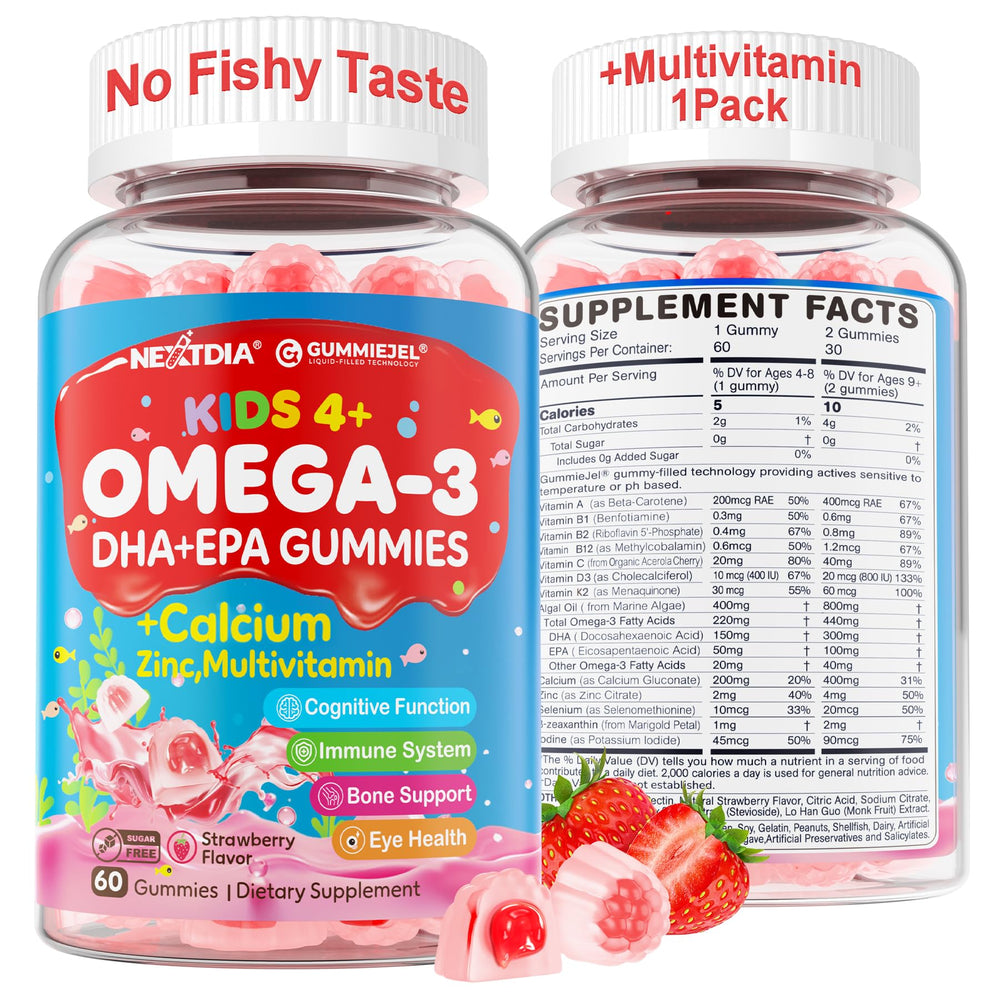 Nextdia Omega 3 Gummies bottle with kid-friendly packaging promoting growth and focus.