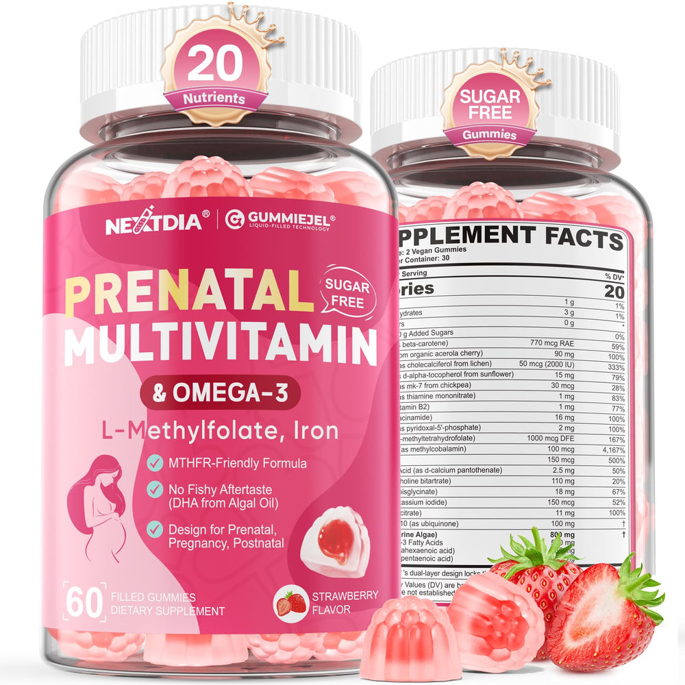 Nextdia Prenatal vitamins bottle with gummies for mom and baby support