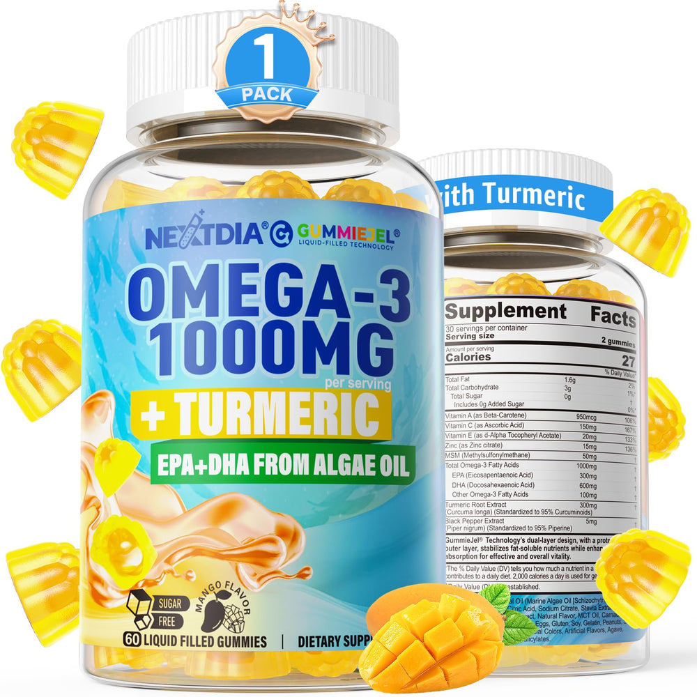 Nextdia Vegan Omega-3 Gummies bottle showcasing mango flavor and algae-based DHA for daily wellness.