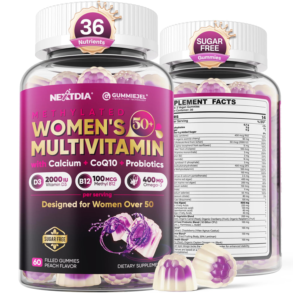 Nextdia Women 50+ Multivitamin Gummies bottle shows comprehensive bone and energy support