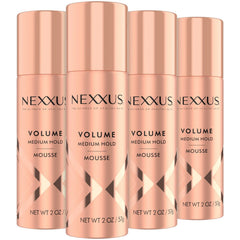 Nexxus Travel Mousse 4-pack bottle closeup highlighting volume boost without crunch