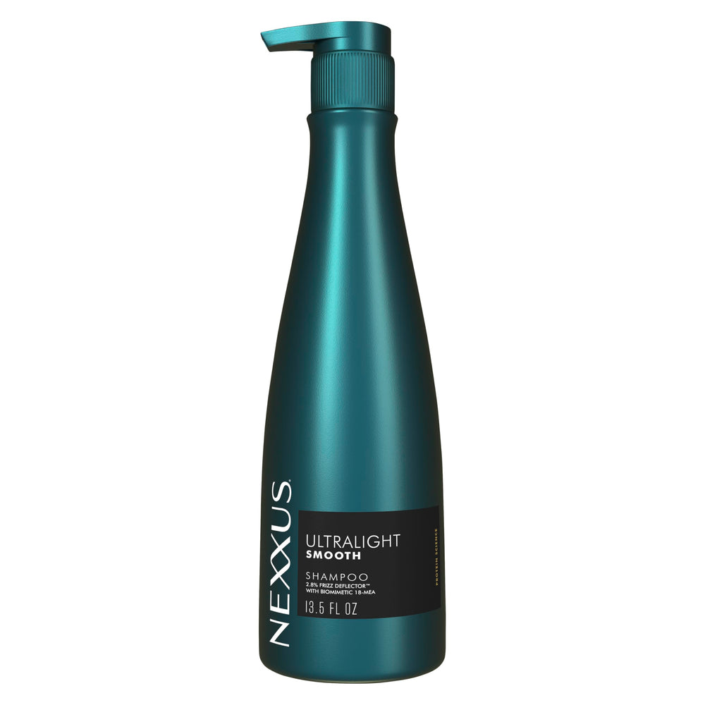 Nexxus Ultralight Smooth Shampoo bottle front showing the sleek design and frizz-deflecting claim.